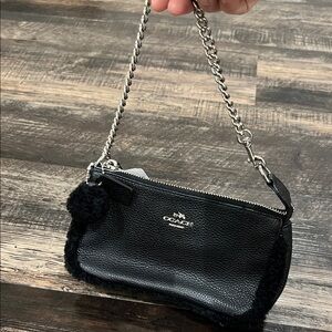 NWT Coach Black Leather Wristlet/ shoulder bag with Chain Strap